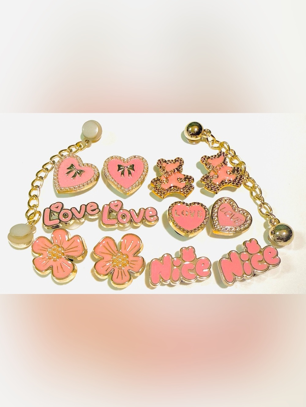 14 Rhinestone Pink and Gold Croc Charm Set Jibbit Shoe Charms Disney Croc Charms